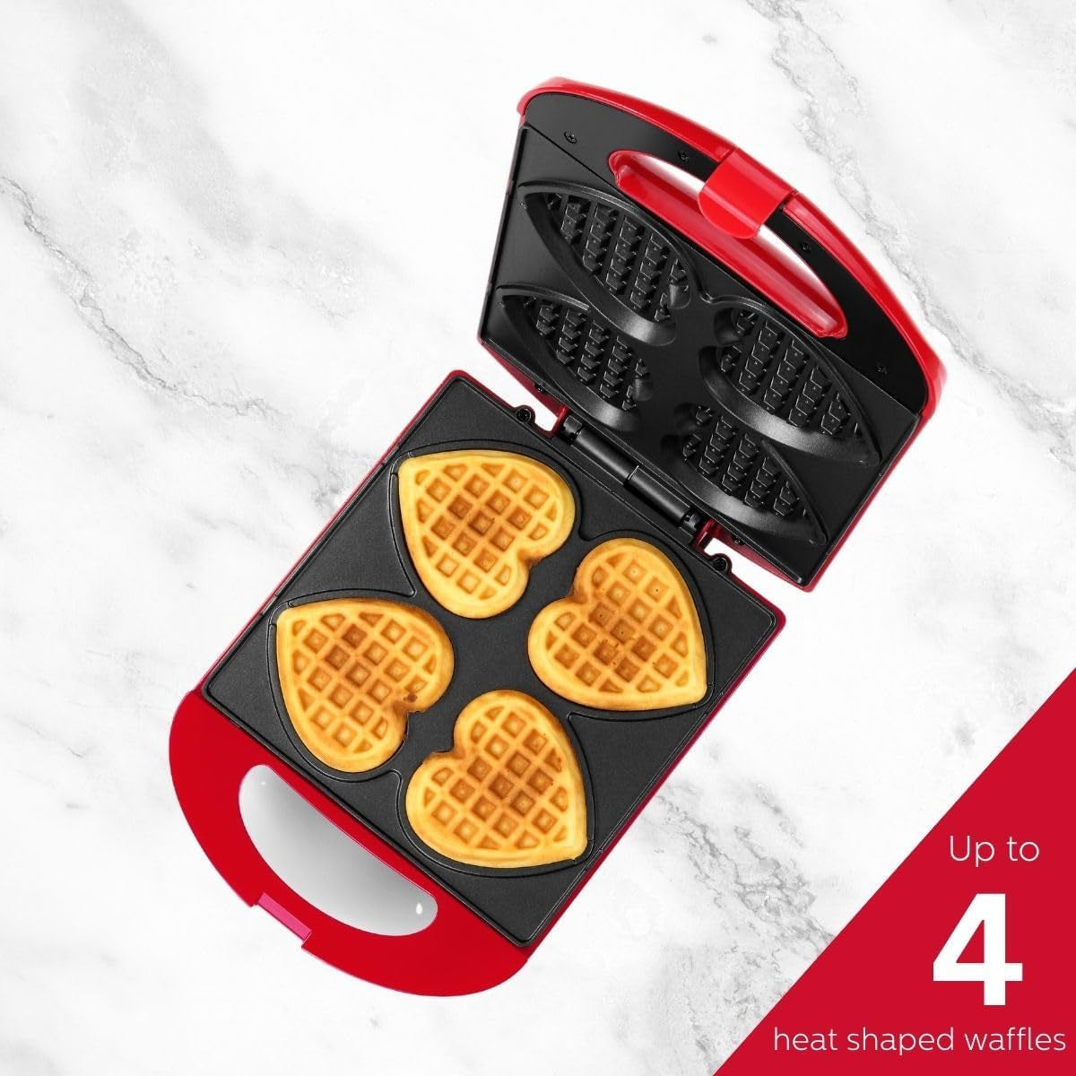 Non-Stick Heart Waffle Maker, Red - Makes 4 Heart-Shaped Waffles in Minutes