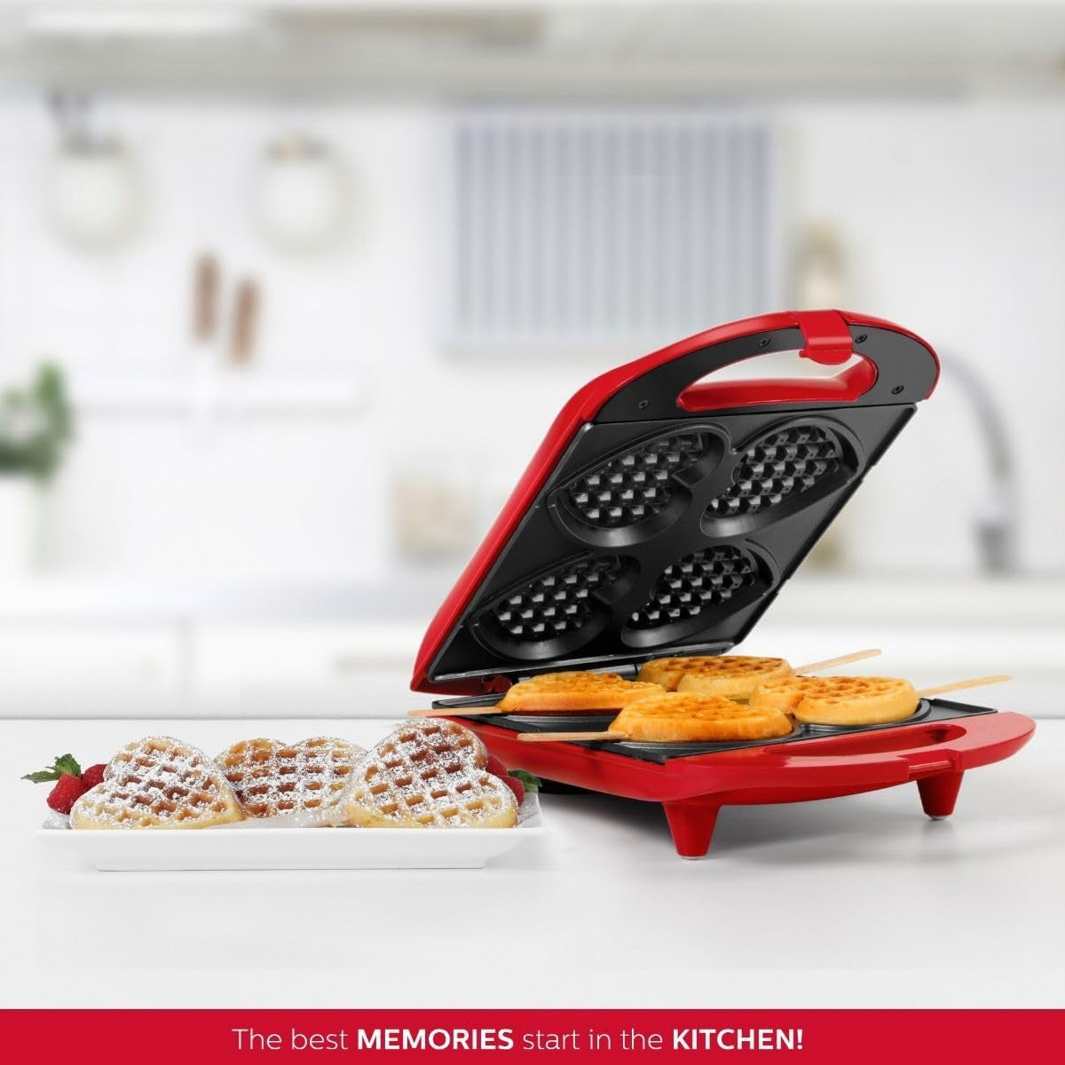 Non-Stick Heart Waffle Maker, Red - Makes 4 Heart-Shaped Waffles in Minutes