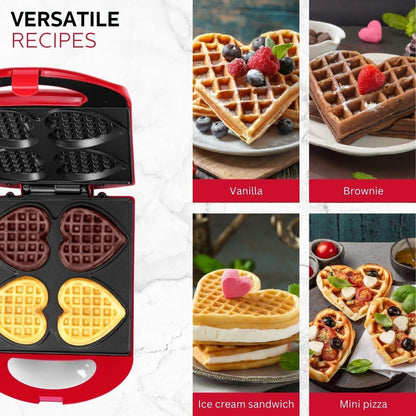 Non-Stick Heart Waffle Maker, Red - Makes 4 Heart-Shaped Waffles in Minutes