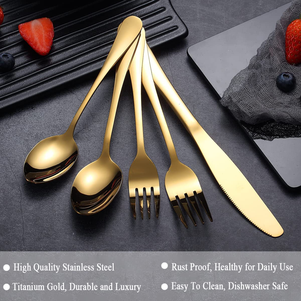 20 Piece Stainless Steel Flatware with Gold Plated Titanium