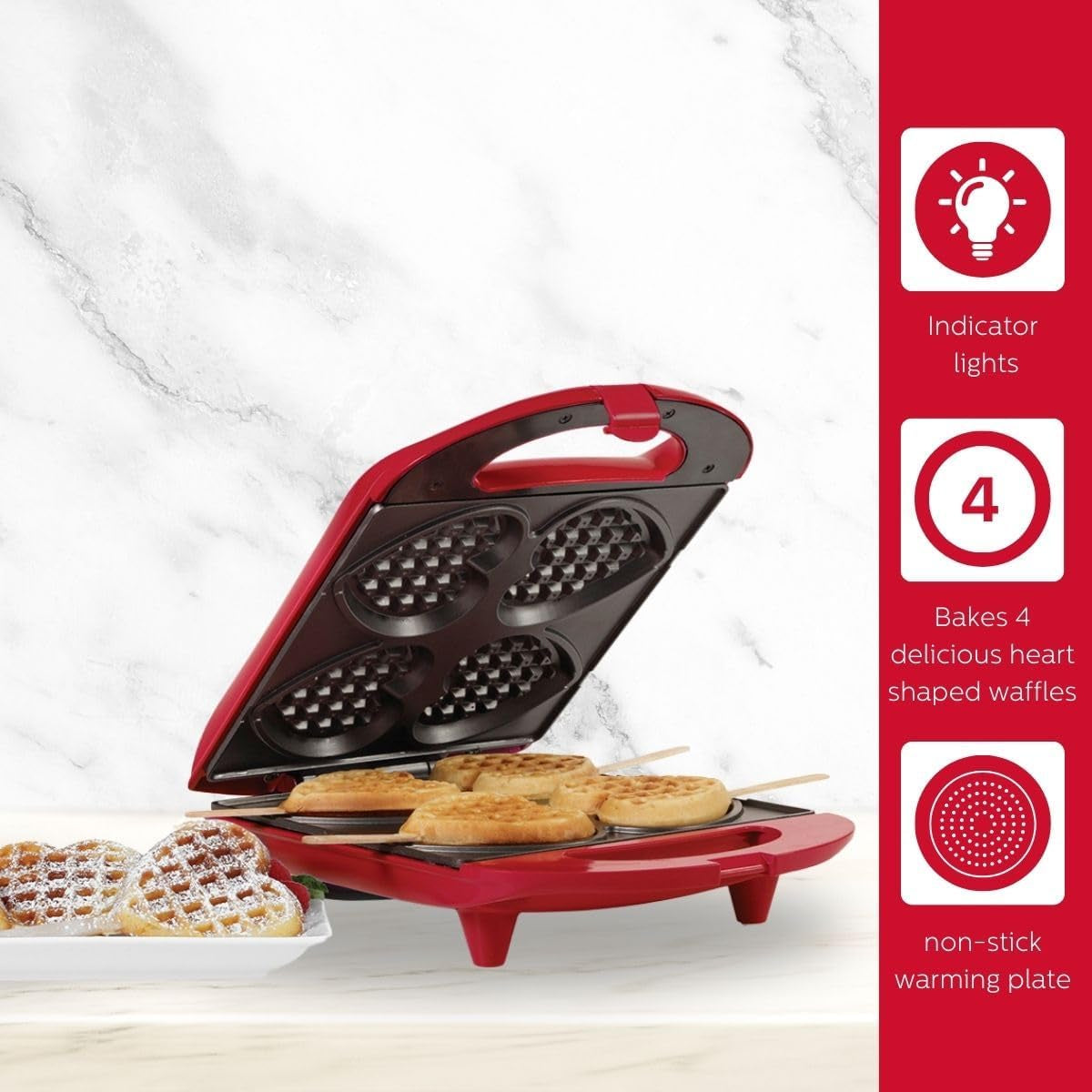 Non-Stick Heart Waffle Maker, Red - Makes 4 Heart-Shaped Waffles in Minutes