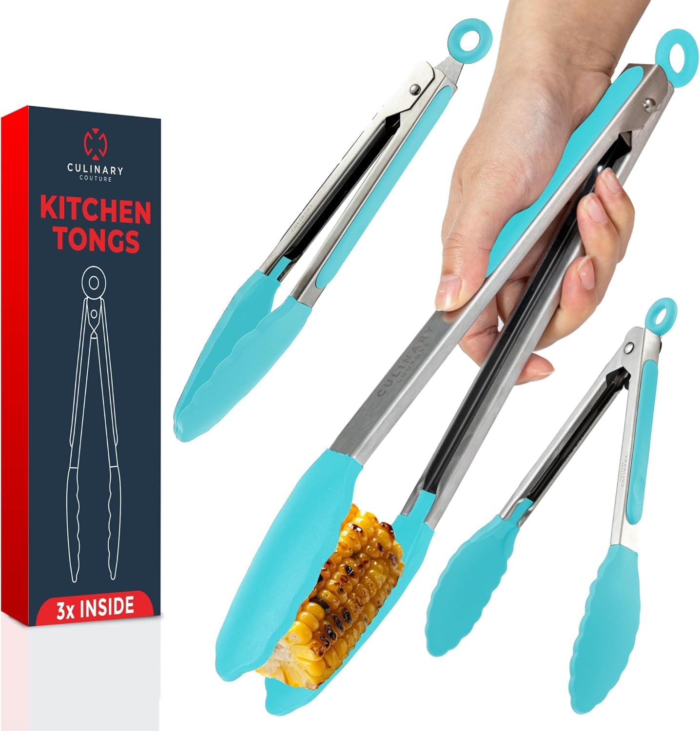  Kitchen Tongs for Cooking with Heat Resistant   Silicone Tips,  7-Inch, 9-Inch, 12-Inch Locking Tongs, Set of 3 Salad Tongs, Aqua Sky Kitchen Utensils